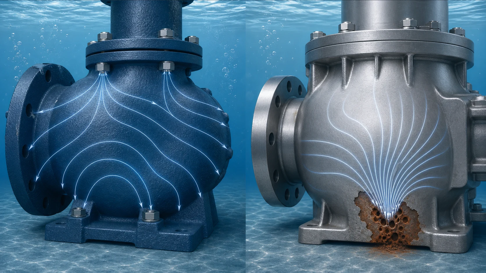 Comparație între două situații de cuplu galvanic: suprafață mare de fontă cu șuruburi din inox, versus piesă mare din inox lângă o zonă mică de fontă expusă