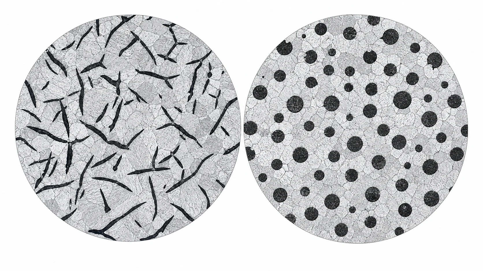 Microstructura fontei cenușii cu grafit lamelar comparată cu cea a fontei ductile cu grafit sferoidal