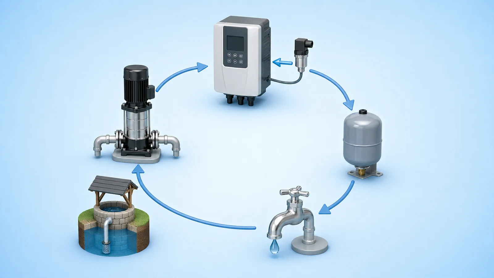 Schema funcțională sistem hidrofor cu VFD: pompa multietajată, inverter, senzor presiune, vas mic 5L