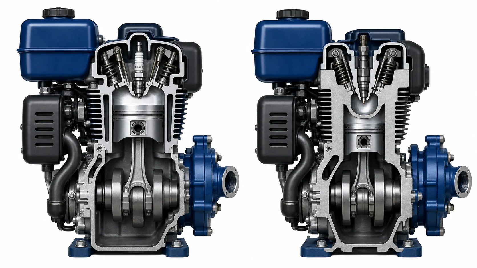Secțiune comparativă între un motor monocilindric pe benzină și unul diesel, cu camerele de ardere vizibile