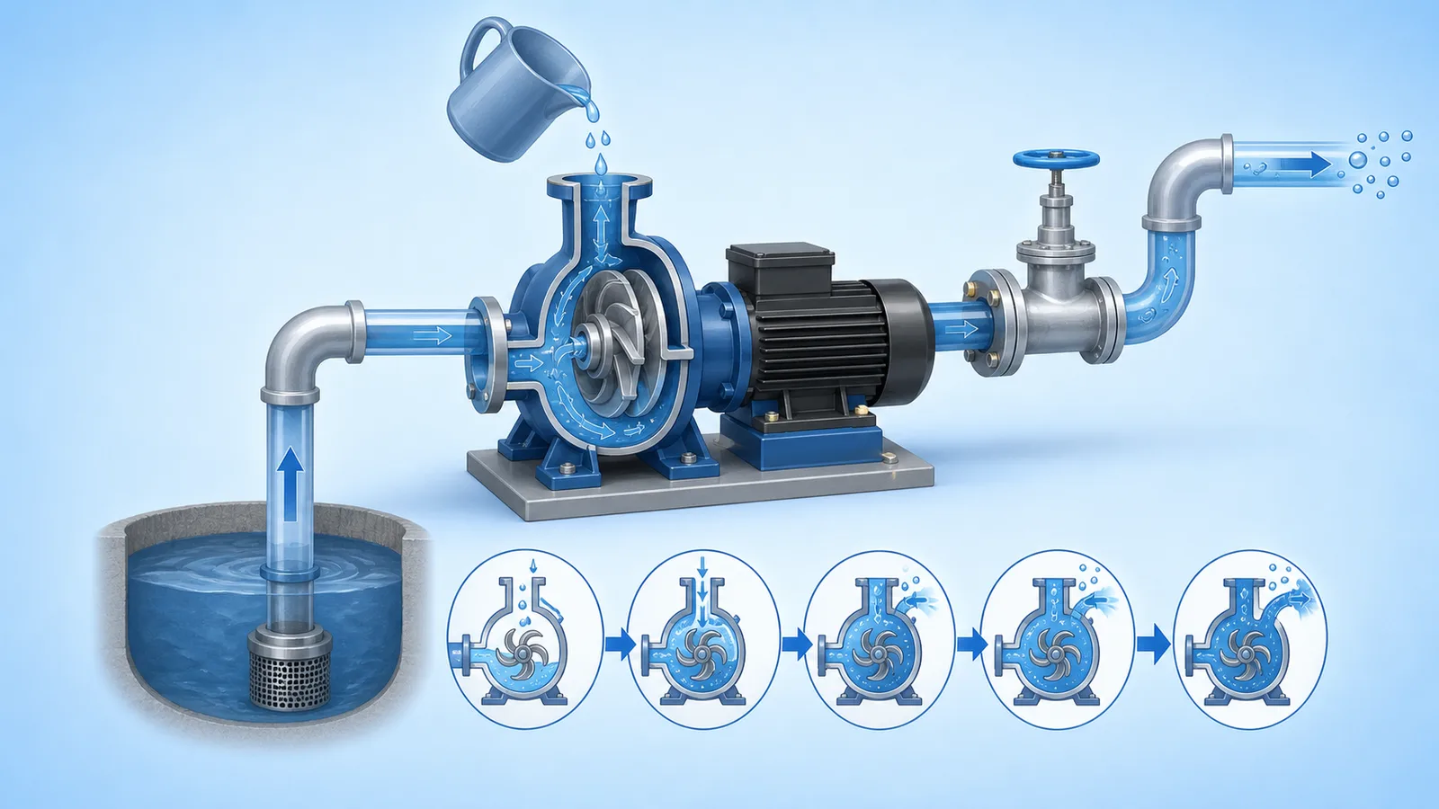 Diagramă funcțională amorsare pompă centrifugală: dop de amorsaj, conductă aspirație, valvă de fund, robinet refulare