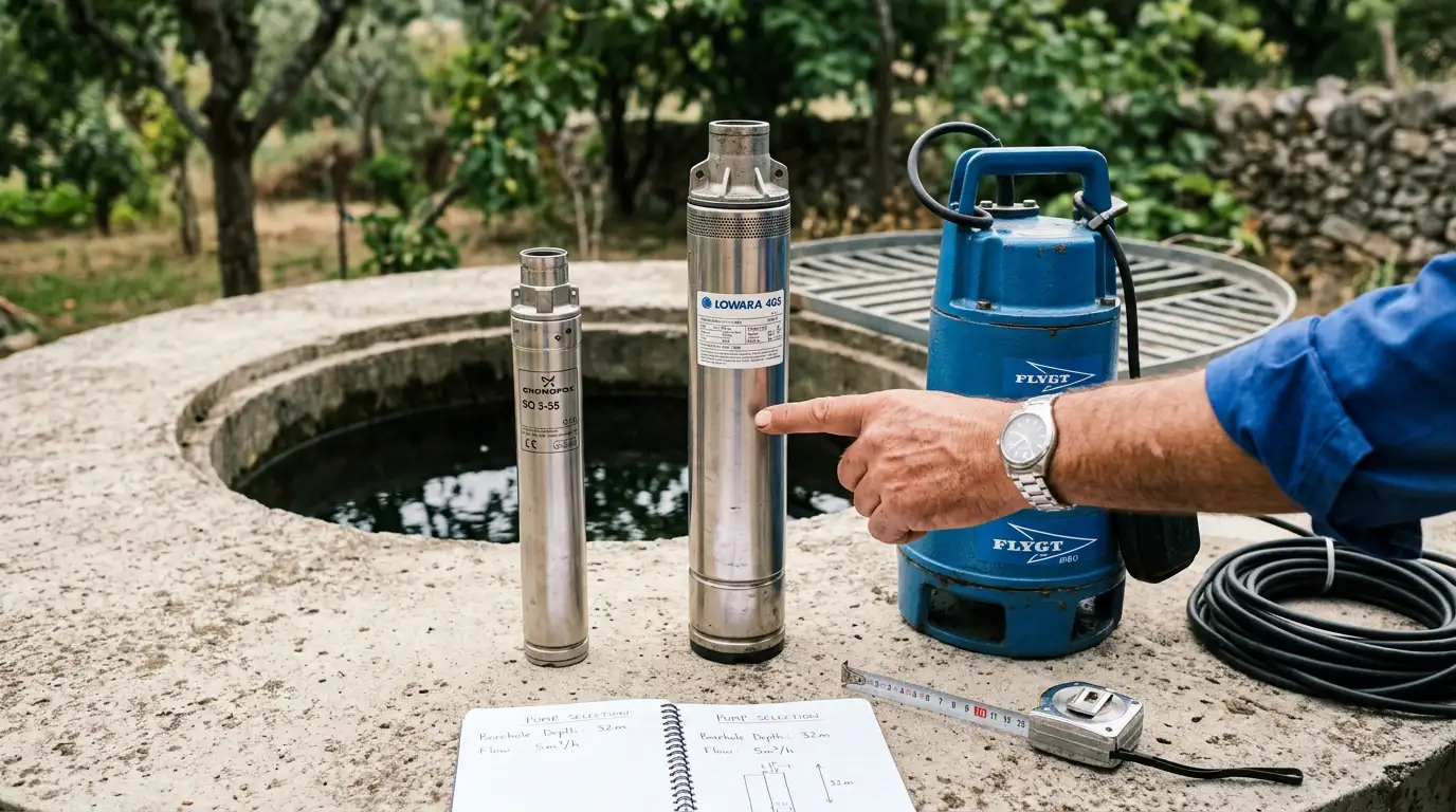Tehnician care compară modele de pompe submersibile lângă o fântână
