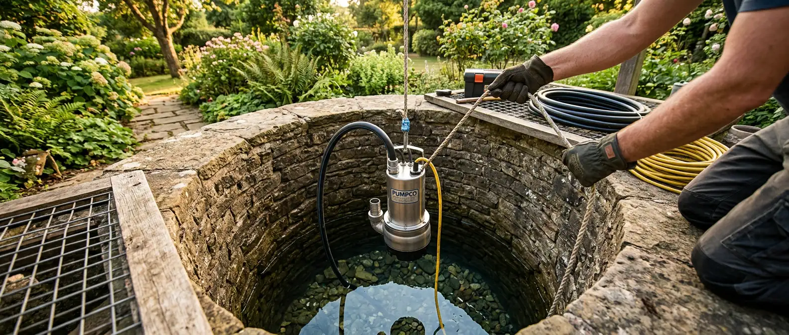 Pompă submersibilă într-un puț cu apă limpede