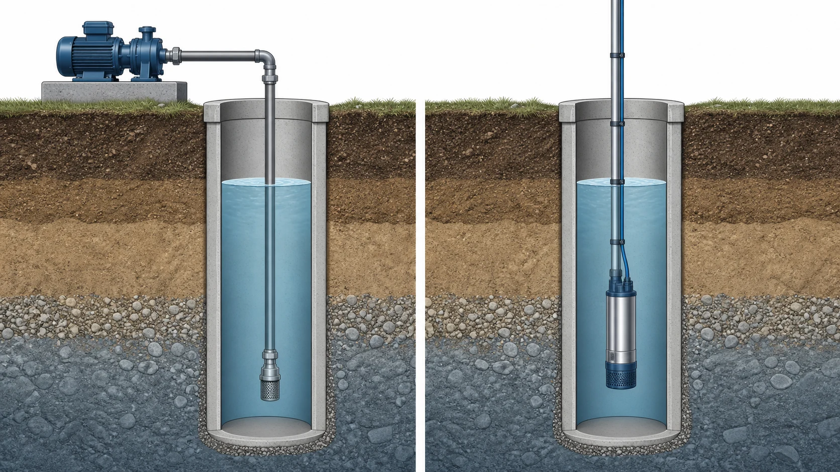 Același puț prezentat de două ori: cu pompă de suprafață alături și cu pompă submersibilă coborâtă sub nivelul apei