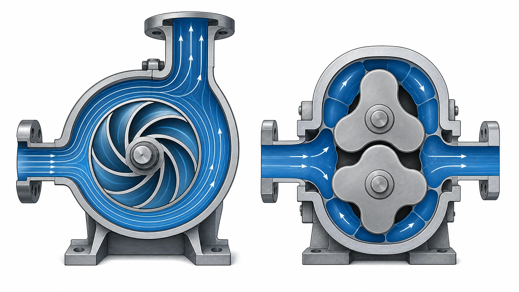 Secțiune comparativă între o pompă centrifugală cu rotor și o pompă volumetrică cu lobi