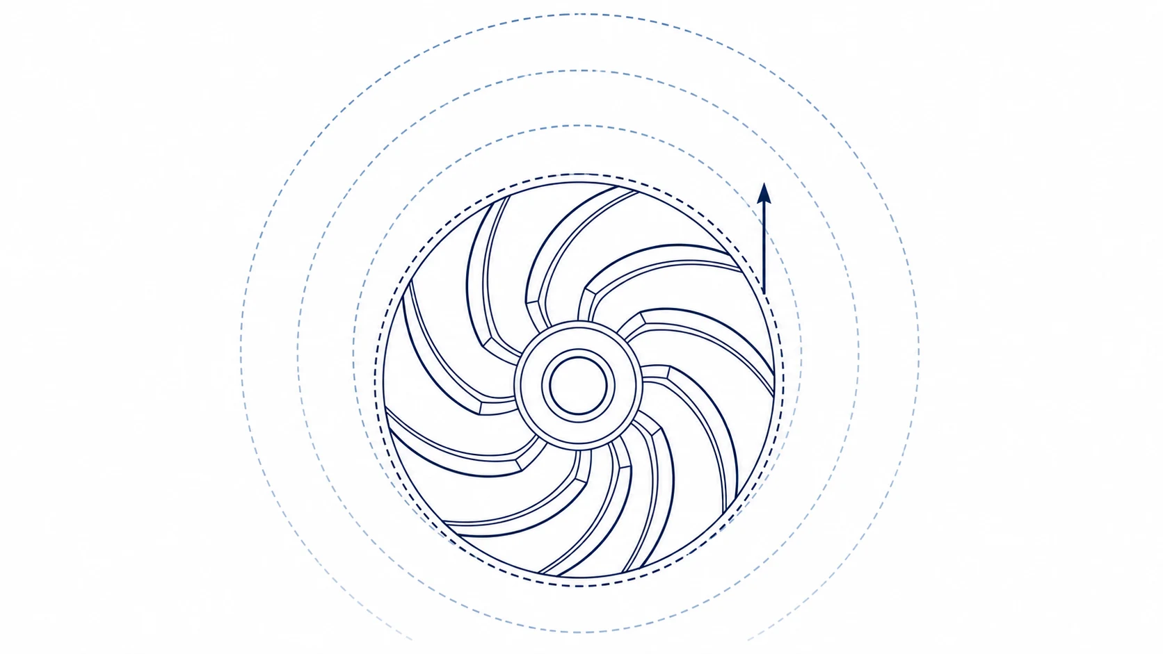 Rotor centrifugal văzut frontal, cu palete curbate și marcajul diametrului exterior