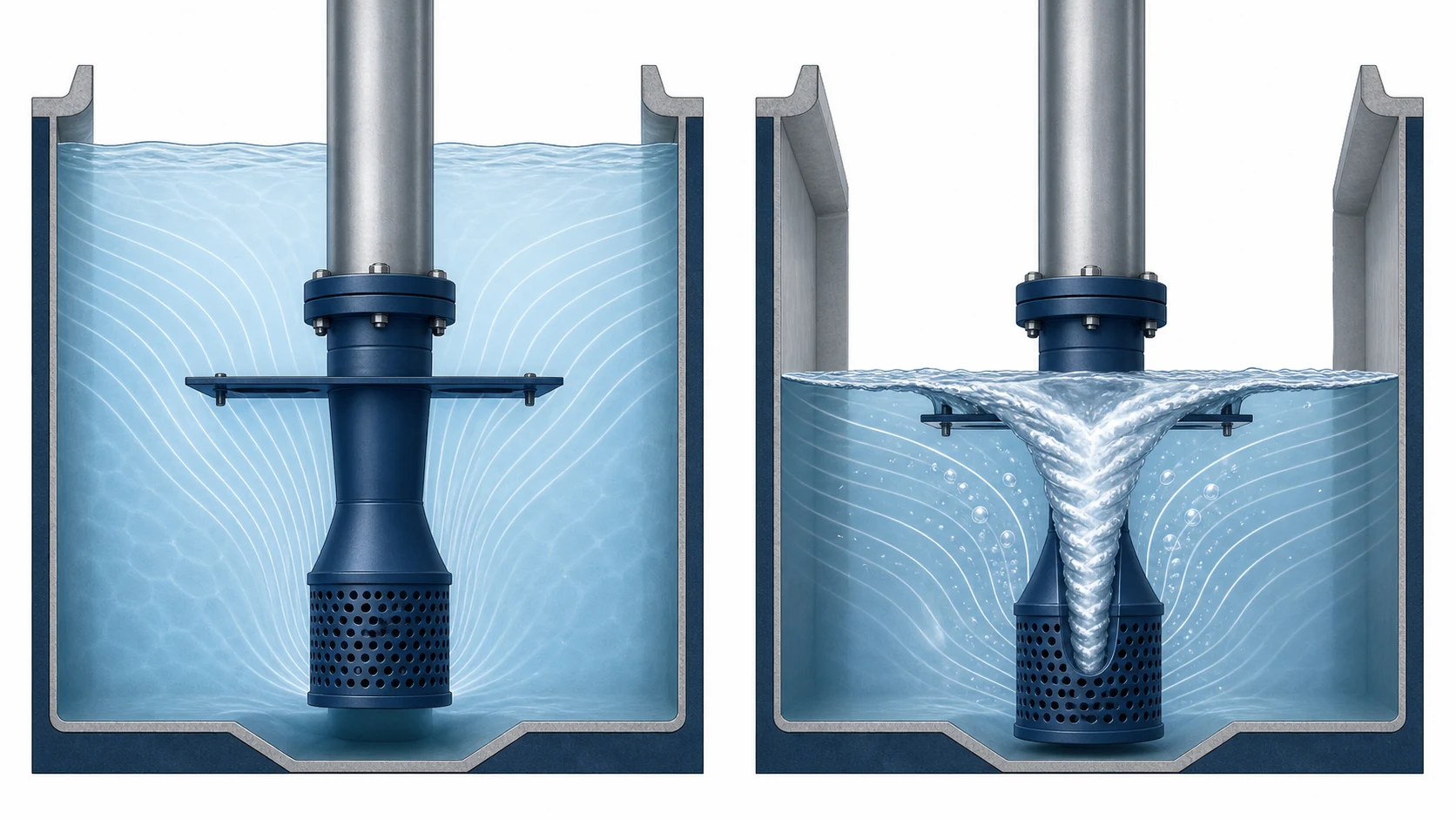 Comparație între o priză de aspirație cu submergență suficientă și una la nivel scăzut, cu vortex de aer format deasupra